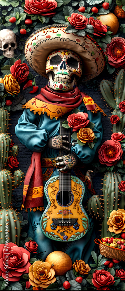 A skeleton in a national Mexican costume plays the guitar. Illustrations for posters, banners, prints in honor of Mexican holidays