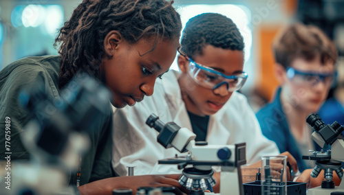 A photo of two students, one African American girl and the other white boy with blonde hair using microscopes in an educational setting. © Kien