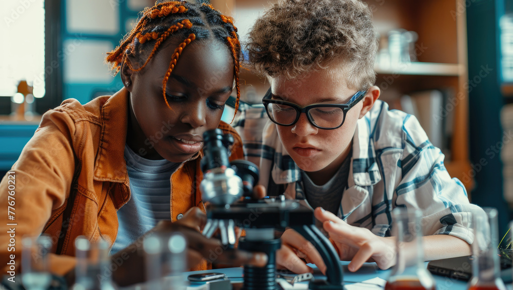 A photo of two students, one African American girl and the other white boy with blonde hair using microscopes in an educational setting. - obrazy, fototapety, plakaty 