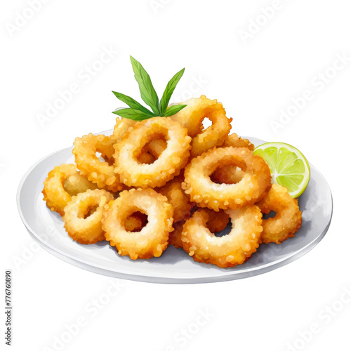 Watercolor illustration of fried calamari, food dish, for menu cards, delicious, for ad promos posters, cutout png, restaurant dish © Art Resources