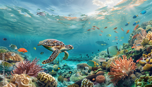 A sea turtle swimming gracefully in the crystal clear waters of an underwater coral reef, surrounded colorful fish and marine life