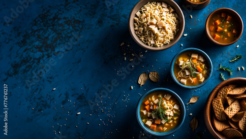 Freeze-Dried Soup Pours Against a Blue Background, A Feast for the Eyes and Palate