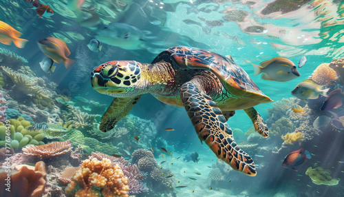 A sea turtle swimming gracefully in the crystal clear waters of an underwater coral reef, surrounded colorful fish and marine life