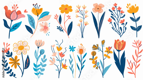 Hand drawn abstract wildflowers flowers and leaves flat icons set. Floral design with ornaments. Spring flowers blossom. Beautiful bouquet. Color isolated illustrations © paullawat