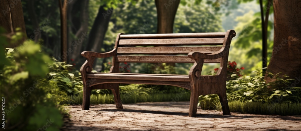 Naklejka premium Located in a green park, a solitary wooden bench stands amidst the natural surroundings