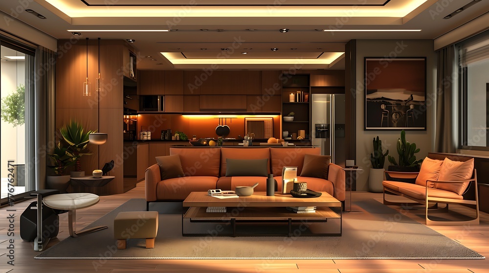 modern living room with sofa, coffee table and kitchen area in the background, warm lighting, warm tones, realistic rendering, large space