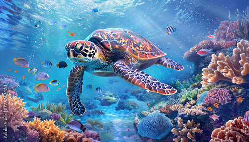 A sea turtle swimming gracefully in the crystal clear waters of an underwater coral reef  surrounded colorful fish and marine life