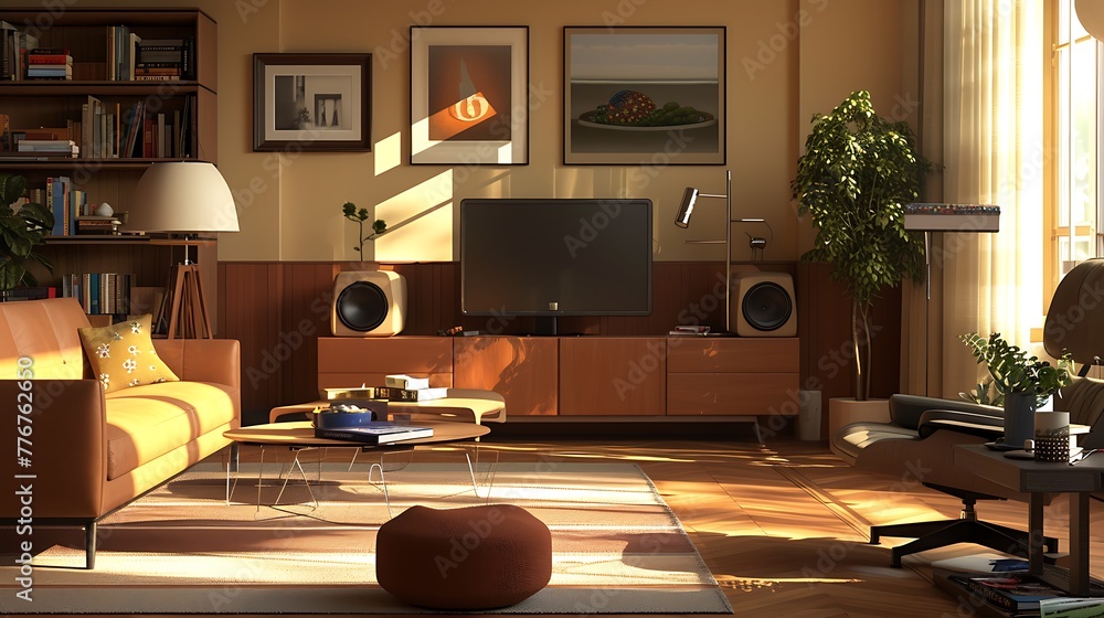 A cozy living room with retro style furniture, featuring an old-fashioned television and bookshelves filled with classic books. The warm sunlight filters through the window casting  shadows on floor - obrazy, fototapety, plakaty 