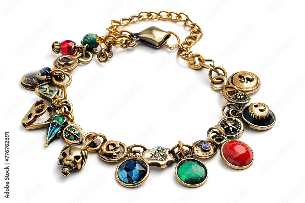Whimsical charm bracelet with a variety of precious symbols, Playful charm bracelet adorned with an array of precious symbols for a whimsical touch. Whimsical charm bracelet with a variety of precious symbols, Playful charm bracelet adorned with an array of precious symbols for a whimsical touch.
