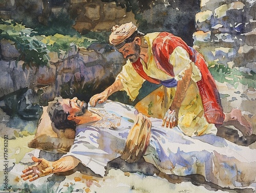 A charming watercolor scene of the Good Samaritan helping a wounded traveler photo
