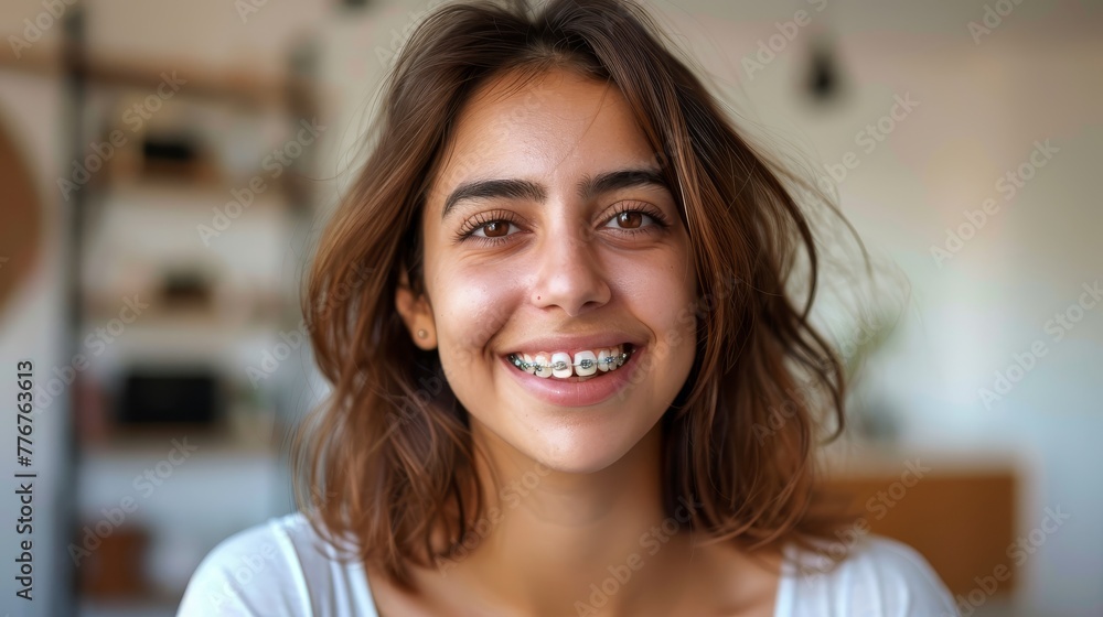 braces on teeth Beautiful red lips and white teeth with metal braces. A girl's smile. braces on teeth Beautiful red lips and white teeth with metal braces. A girl's smile.
