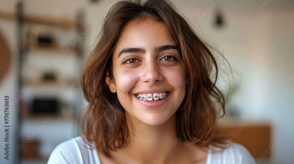 braces on teeth Beautiful red lips and white teeth with metal braces. A girl's smile.