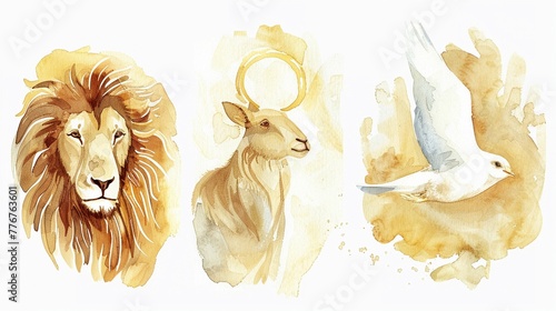Watercolor clipart of biblical symbols such as the lamb photo