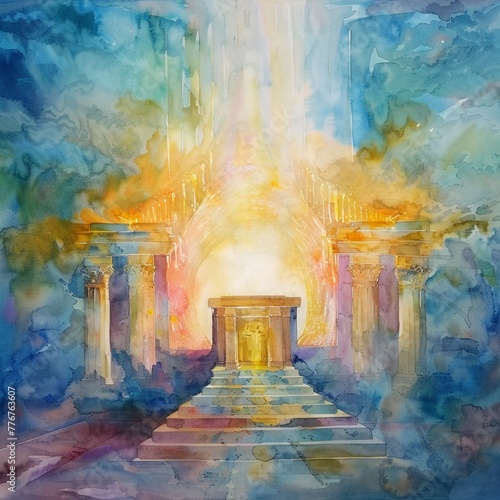 Soft watercolor painting of the tabernacle with the Ark of the Covenant at its heart photo