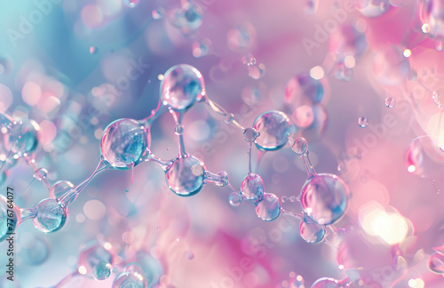 A closeup of the chemical structure of carbon, centered on a light pink and blue background with a blurred background © Kien