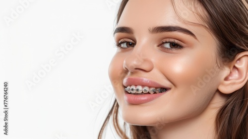 braces on teeth Beautiful red lips and white teeth with metal braces. A girl's smile.