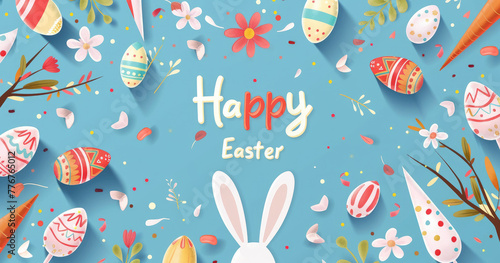 Vector illustration of a Happy Easter greeting card with the text "Happy Easter", a bunny, carrot and colorful eggs on a blue background