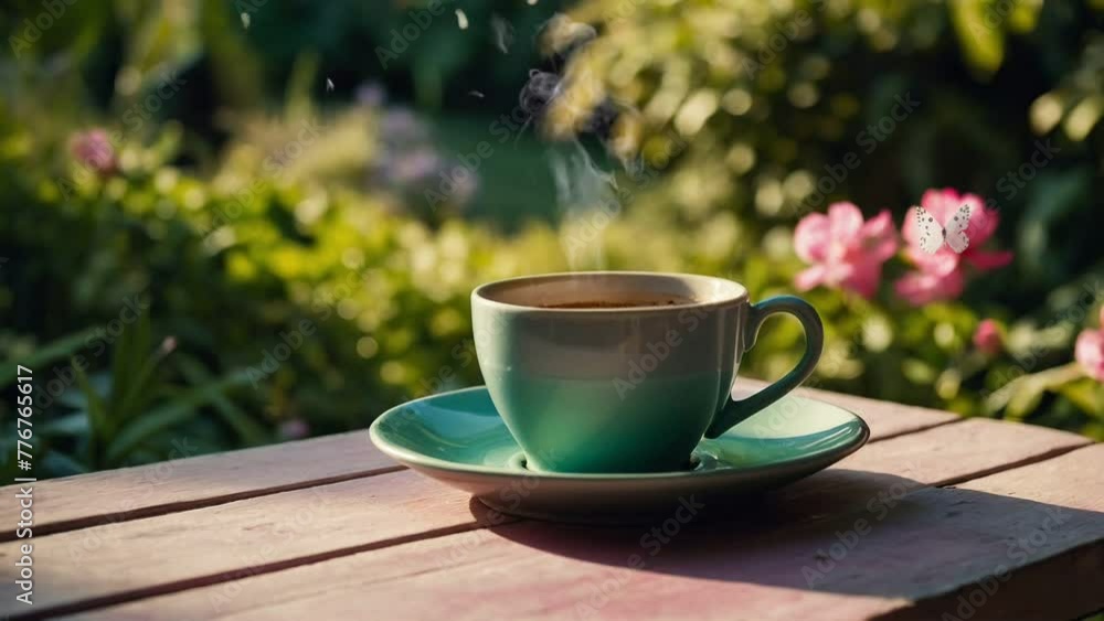 cup of coffee on table and flower in garden, seamless looping animation video background cup of coffee on table and flower in garden, seamless looping animation video background