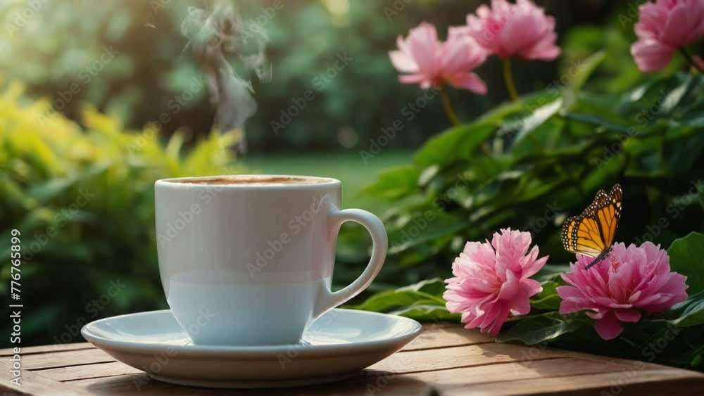 cup of coffee and flowers in garden, seamless looping animation video background cup of coffee and flowers in garden, seamless looping animation video background