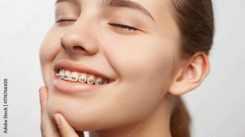 Obraz premium braces on teeth Beautiful red lips and white teeth with metal braces. A girl's smile.