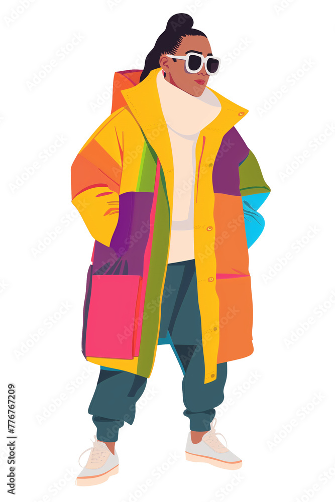 Illustrator LGBTQ has on fashion vibrant Complementary Colors fashion coat, sunglasses, over white background. AI Generative