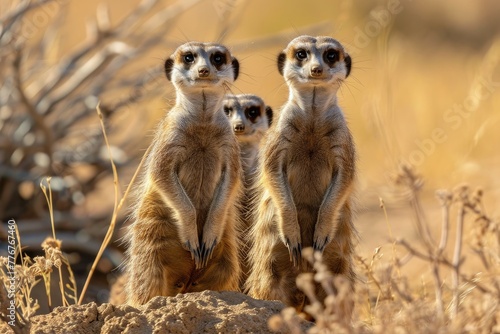 Curious and social meerkats in arid landscapes, Captivating scene of curious and sociable meerkats thriving in arid environments, showcasing their playful interactions and unique behaviors.