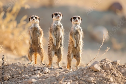 Curious meerkats standing alert in the desert, Intriguing sight of vigilant meerkats in the arid desert landscape, displaying their natural curiosity and keen observation skills. photo