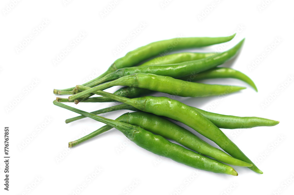 Green chillies isolated on white background. Concept, food ingredient for cooking. Spicy taste. Agriculture crops, organic vegetable has health benefits qualification. Green chillies isolated on white background. Concept, food ingredient for cooking. Spicy taste. Agriculture crops, organic vegetable has health benefits qualification.