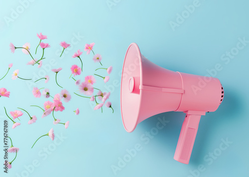 Minimalist concept of a pink megaphone and flowers flying out of it isolated on a pastel blue background.