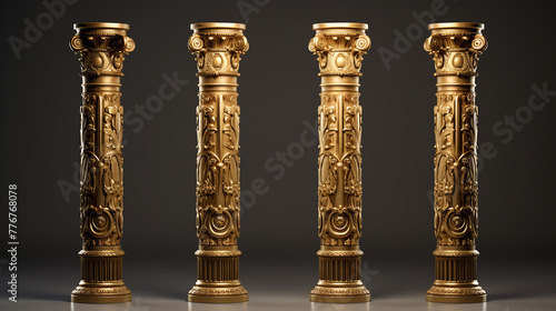 Four antique pillars ancient columns with golden decoration isolated black background photo