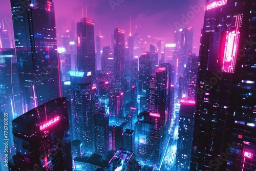 Cyberpunk cityscape with towering neon-lit skyscrapers  Futuristic urban scene characterized by towering skyscrapers illuminated with vibrant neon lights 