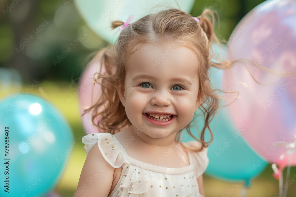 Happy Little Girl with Balloons, Generative AI Happy Little Girl with Balloons, Generative AI