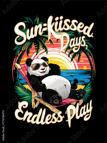 A vibrant and humorous t-shirt design featuring a cool panda wearing sunglasses, lounging casually in a beach chair with quotes and stylish typography in summer vibes theme. design illustration for ts
