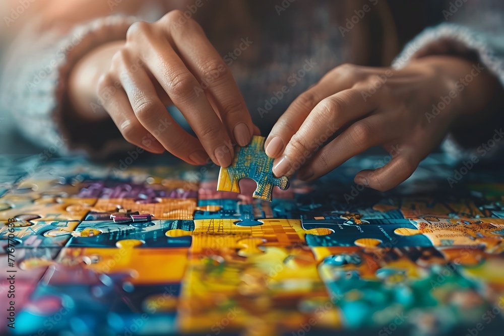 Colorful Jigsaw Puzzle Connecting Hands Depicting Business Strategy and Success Colorful Jigsaw Puzzle Connecting Hands Depicting Business Strategy and Success