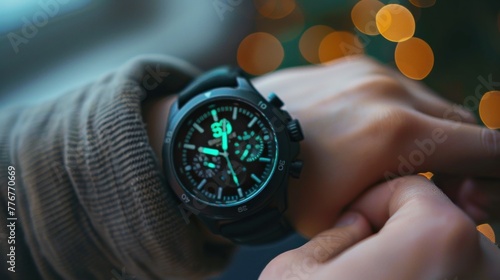 A close-up of a teen's hands adjusting a chunky black watch with digital green accents. photo