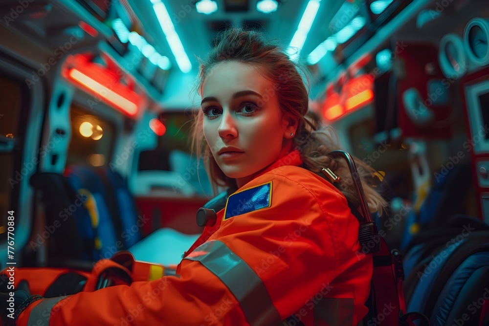 Female EMS Professional Paramedic Rushing in Ambulance Vehicle to Hospital for Emergency Medical Assistance Female EMS Professional Paramedic Rushing in Ambulance Vehicle to Hospital for Emergency Medical Assistance