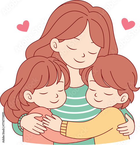 Cute kawaii Mother Holding Daughter and Son cartoon character vector illustration, Happy Mother's day illustrations