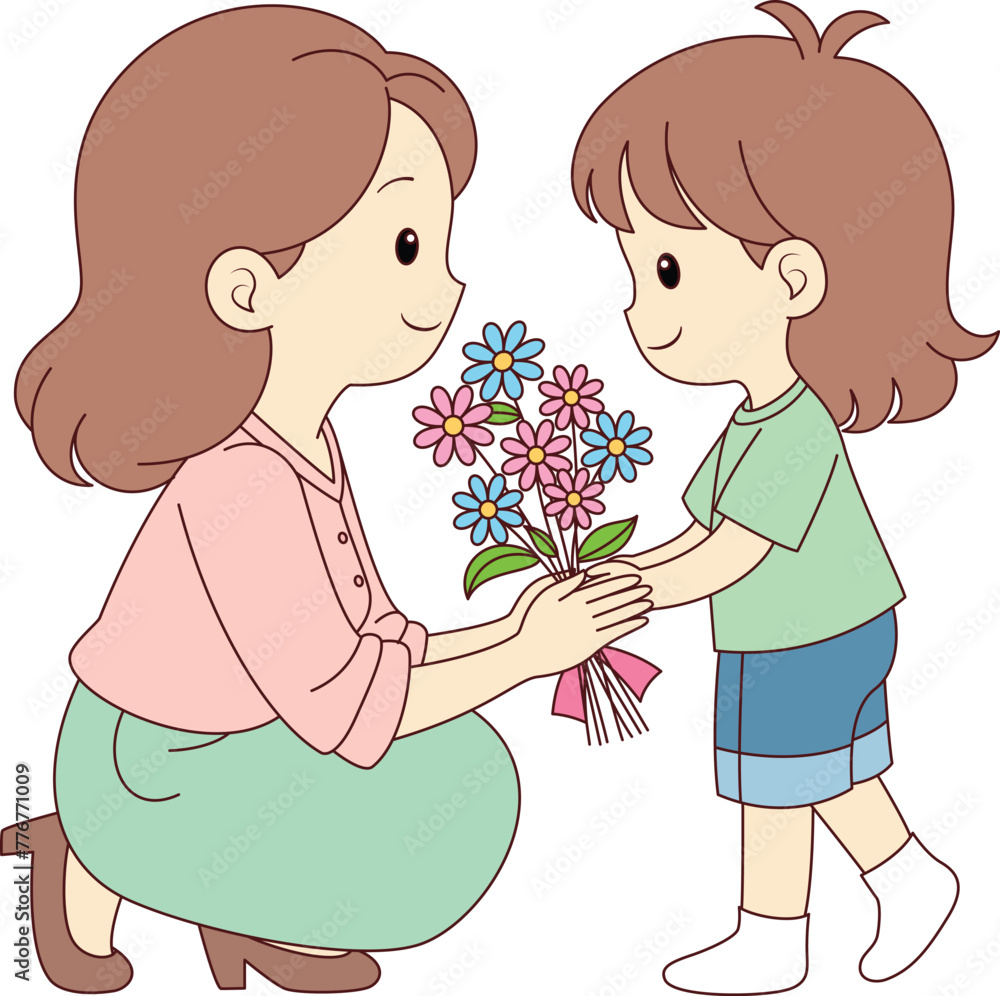 Mothers Day Child Giving Flowers for Mom Illustration Mothers Day Child Giving Flowers for Mom Illustration