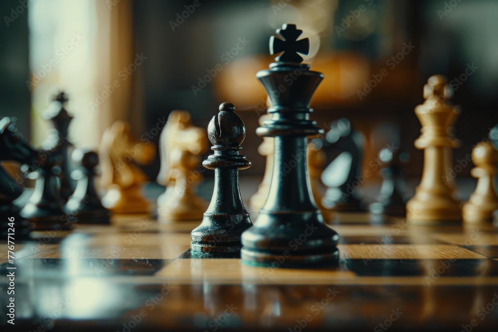 Strategic chess game captured in the moment of checkmate, focus on the king piece.
Strategic chess game captured in the moment of checkmate, focus on the king piece.