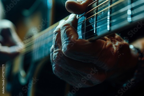 Guitar player's hands strumming chords, intimate view of music creation and acoustic bliss.

 photo