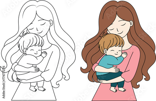Cute kawaii Mother Holding a Child cartoon character coloring page vector illustration, Happy Mother's day illustrations