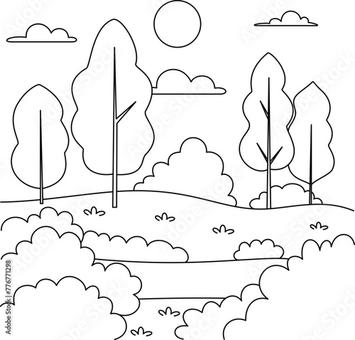 Forest and river landcape coloring page