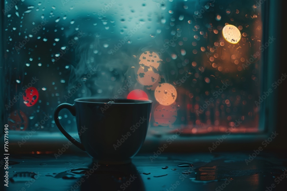 Cozy evening tea cup on rainy window ledge with vibrant bokeh lights

