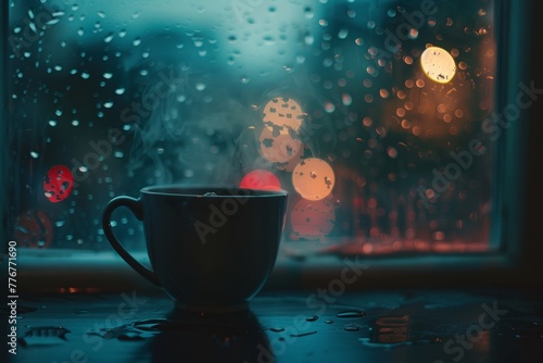Cozy evening tea cup on rainy window ledge with vibrant bokeh lights