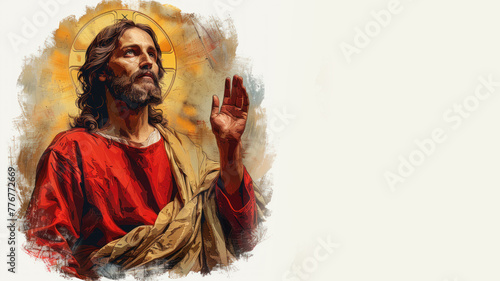 Jesus is praying with his hands raised upwards, colorful watercolor paint
