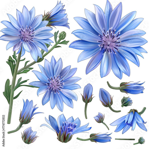 Vibrant Chicory Illustration Set   3D Realistic Design for Print  Isolated Vector Clipart with Flat Colors on White Background