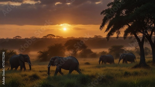 Highlight the beauty of African nature, big trees, colorful foliage, beautiful elephants, savanna scenery, vast countryside, cinematic, colorful epic, hyper-realistic, sunset