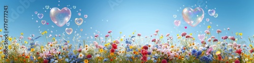 Panoramic View of Heart-Shaped Bubbles Above a Blooming Field Signifying Joy and the Beauty of Nature © Ross