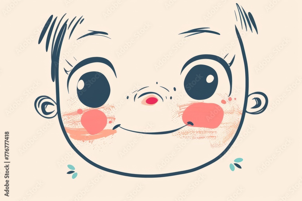 Obraz premium Cartoon cute doodles of a smiling child's face with rosy cheeks and sparkling eyes, Generative AI