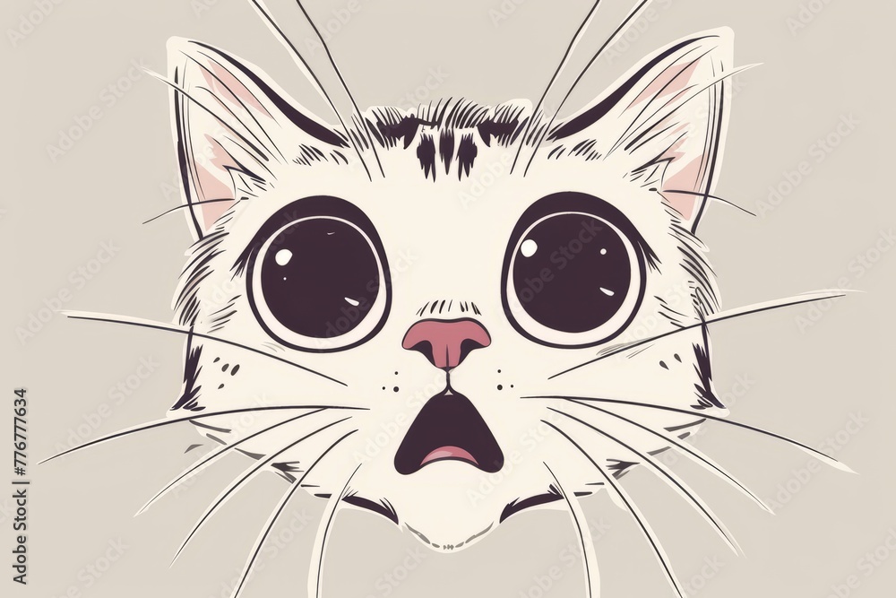 Cartoon cute doodles of a surprised cat's face with wide eyes and perked-up ears, Generative AI